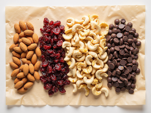 多种干货产品整齐摆放,包括红枣、枸杞、银耳等,背景为浅色木质台面